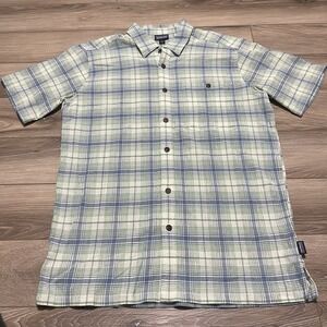 Patagonia Puckerware Shirt Mens M Green Blue Plaid Seersucker Button Up